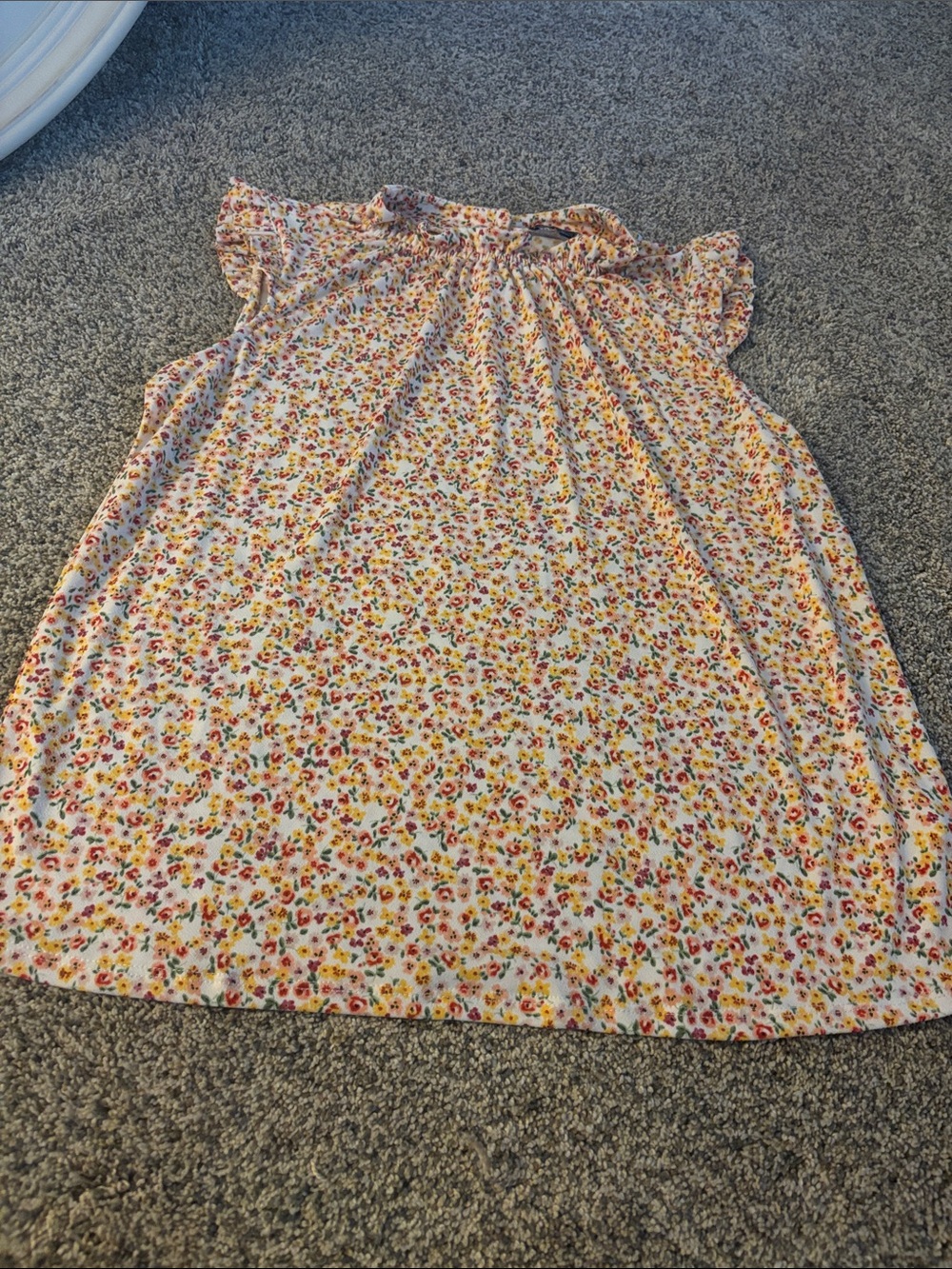 Adrianna Papell White Floral Ruffle Blouse with Yellow & Red Blossoms